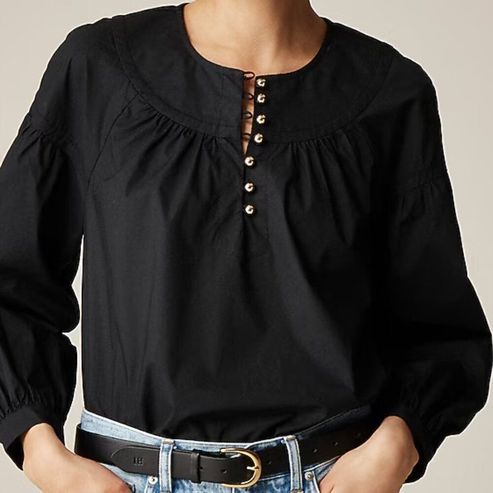 J. Crew Ci522 Black Shirred Popover Top In Cotton Poplin NWT